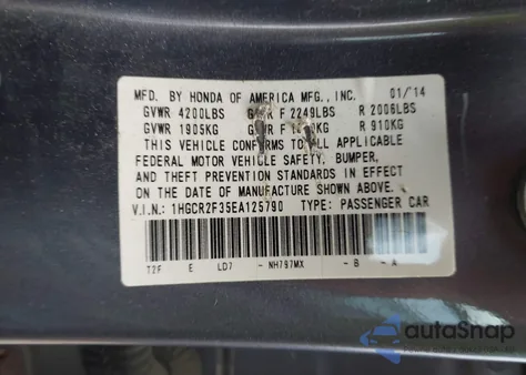 2014 Honda Accord Lx из США, поврежденный, VIN 1HGCR2F35EA125790